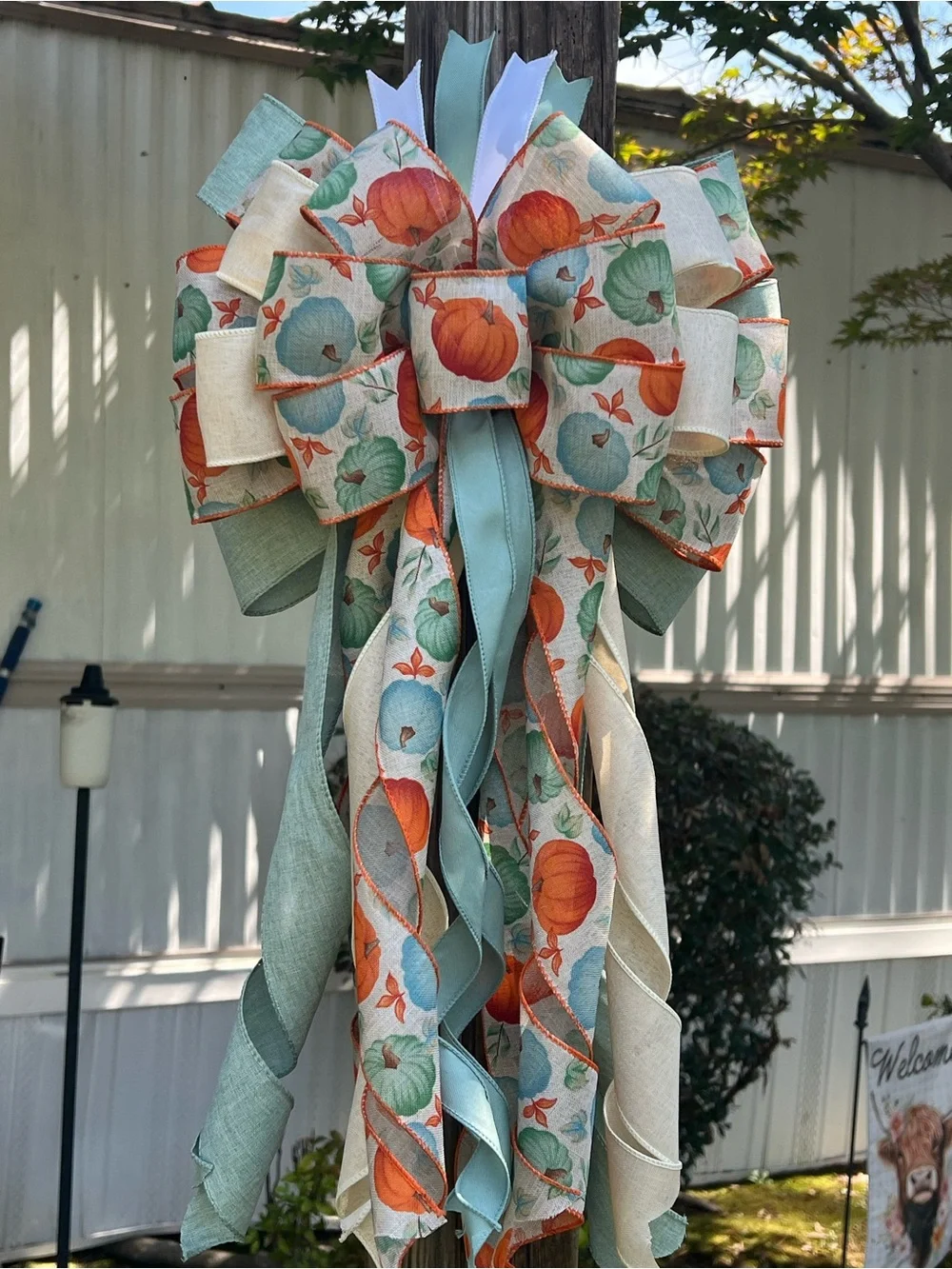 Decorative Fall Pumpkin Bow in Orange and Teal